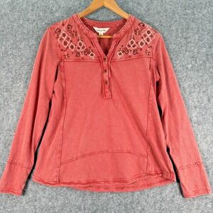 Lucky & Coco Long Sleeve Henley‎ Top Womens S Red Beaded Embroidered Cotton Boho